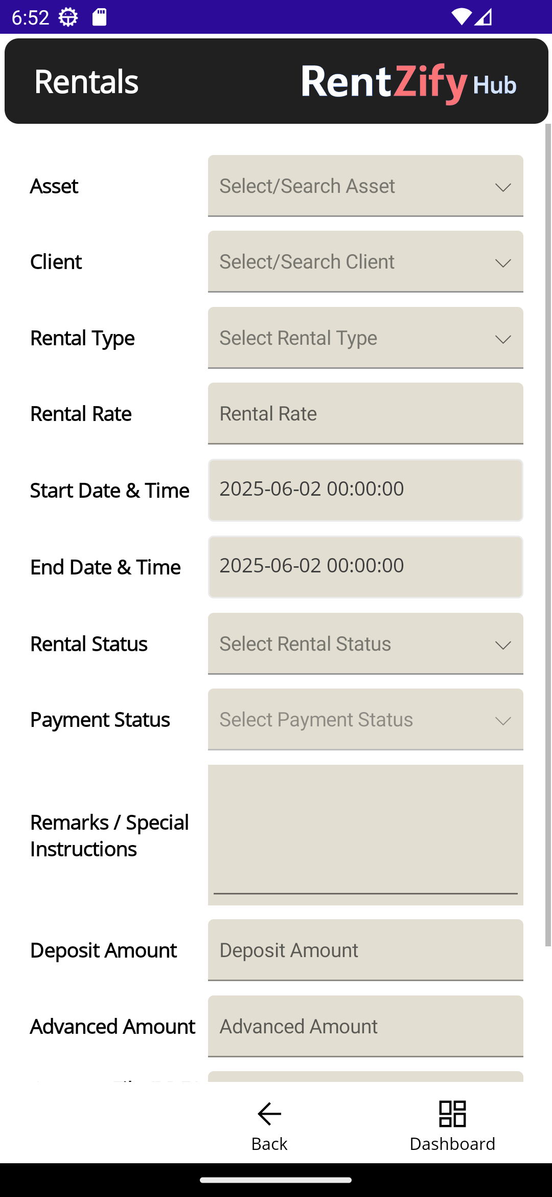 Rental Form Screenshot