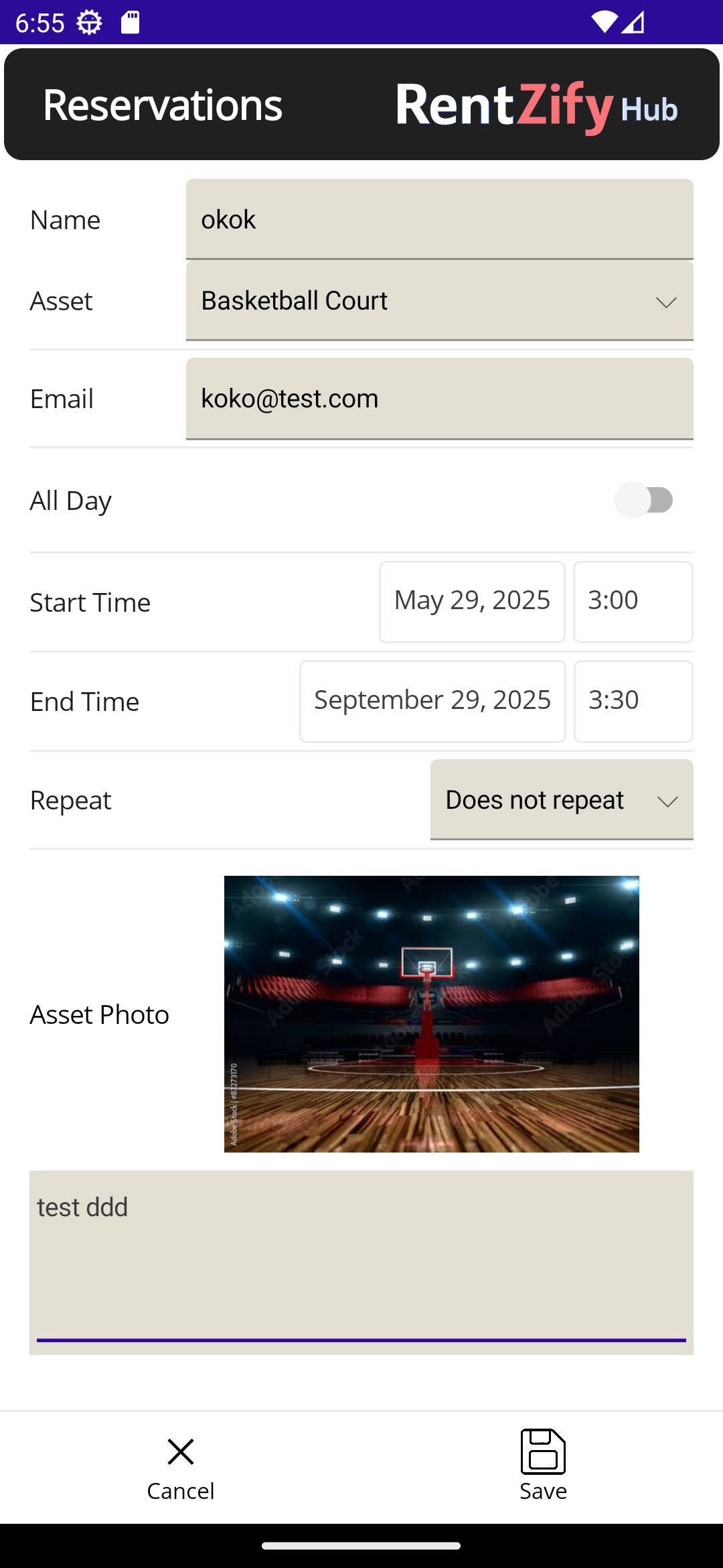 Reservation Form Screenshot